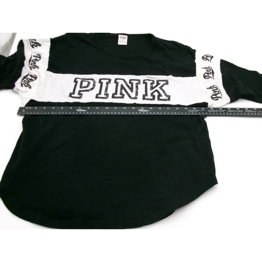 Victoria's Secret PINK Black White Colorblock Glitter Logo Long Sleeve Shirt L - Picture 7 of 15